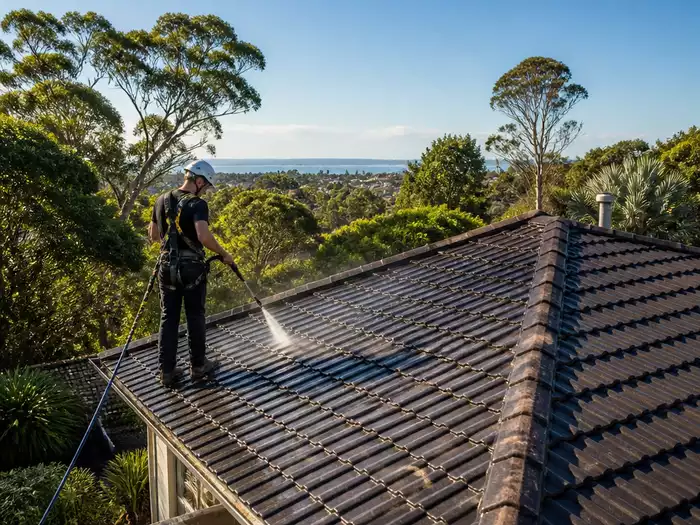 A professional performing roof restoration on a residential property in Geelong