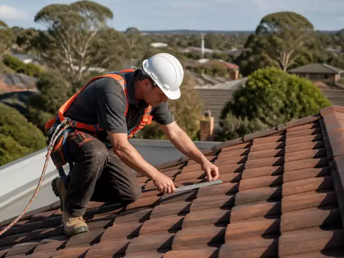 A professional examining a tiled roof during a restoration project in Geelong